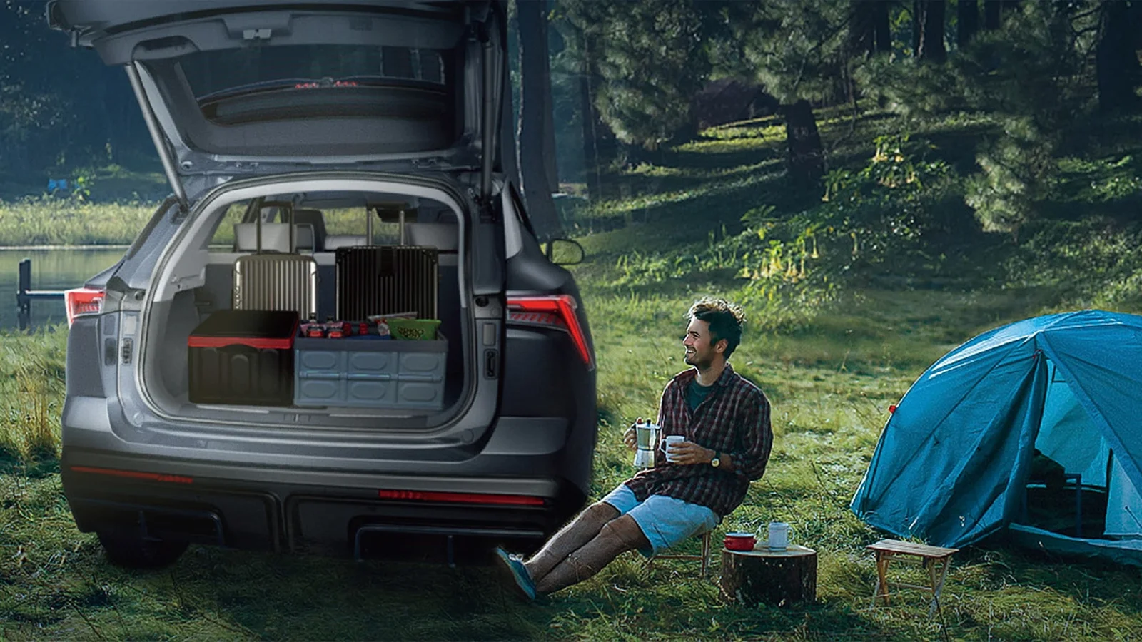 Jetour Dashing reference luggage area with camping equipment in a staged outdoor scene